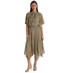 LAUREN RALPH LAUREN Women's Paisley Crinkle Georgette Tie-Neck Dress